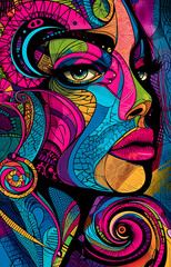 Abstract woman face Illustrated, in colorful Mandala pattern, cubism art, Maori Art 