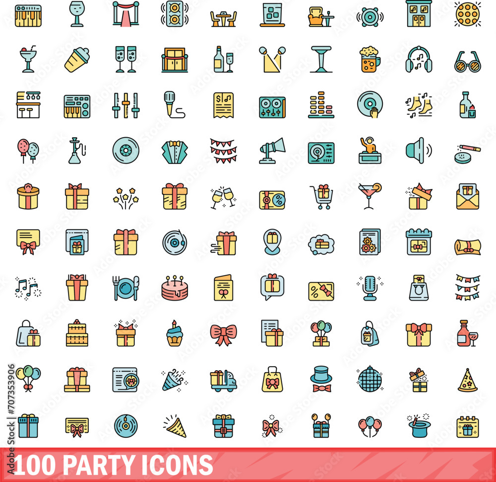 Wall mural 100 party icons set. Color line set of party vector icons thin line color flat on white - Wall murals