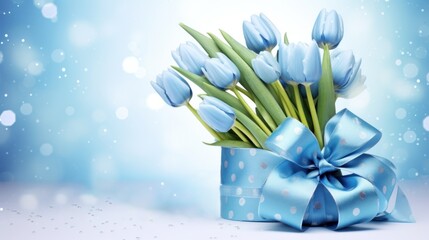 Blue tulips bouquet with ribbon bow on light background with bokeh. Banner with copy space. Ideal for poster, greeting card, event invitation, promotion, advertising, print, elegant design