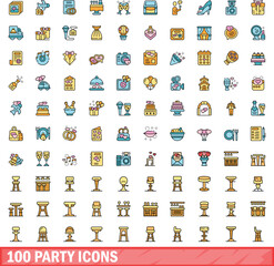 100 party icons set. Color line set of party vector icons thin line color flat on white