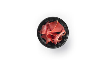 ham bacon in a bowl isolated on white