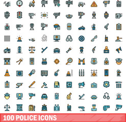 100 police icons set. Color line set of police vector icons thin line color flat on white