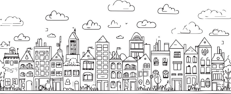 City landscape. Line urban backdrop. Skyline with clouds, different buildings on street, doodle street draw, outline cityscape hand sketch, flat houses. Hand drawn vector illustration