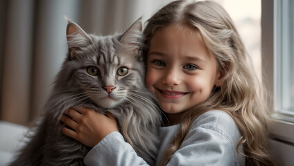 Little girl with cute cat at home portrait friendship