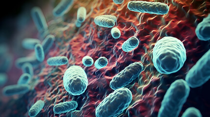 Macro increase in microscopic blue pathogenic bacteria, E. coli on the walls of the intestine. food poisoning. 3d rendering - obrazy, fototapety, plakaty