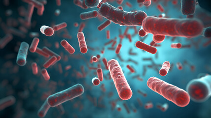 macro image of bacteria in red color, 3D illustration with copy space - obrazy, fototapety, plakaty