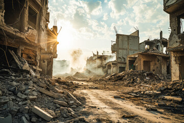 Naklejka premium Devastated Cityscape, Rubble-Filled Streets and Buildings Surround a Dirt Road