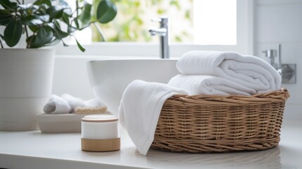 Fototapeta na wymiar Wicker basket with white towels on table in bathroom. Space for text. cleanliness and comfort.