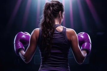 a girl in purple boxing gloves stands in the ring. view from the back. sport, health and strength. woman doing fitness.