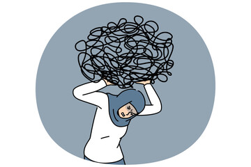 Unhappy Arabic businesswoman carrying on shoulder heavy messy load suffer from work difficulties and crisis. Distressed arab female employee with burden on back. Vector illustration.