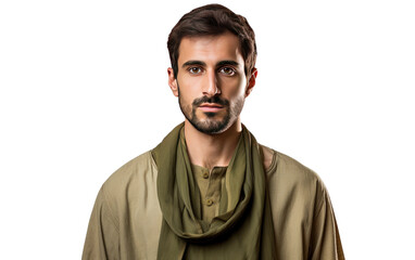 A man wearing an olive green tunic isolated on transparent background.