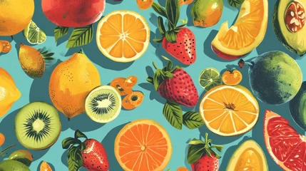 Fotobehang  a painting of a bunch of fruit on a blue background with oranges, kiwis, strawberries, apples, lemons, and oranges on it. © Anna