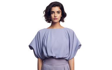 Dolman sleeve top. Woman wearing a periwinkle dolman sleeve top isolated on transparent background.