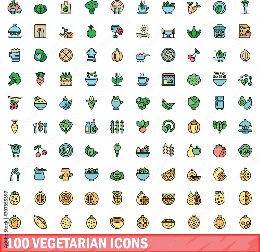 Sticker 100 vegetarian icons set. Color line set of vegetarian vector icons thin line color flat on white - Stickers