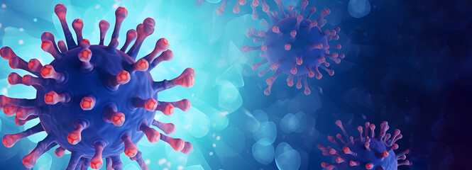Obraz na płótnie Canvas Violet hiv virus banner with red spikes on abstract blue background with copy space. Immunodeficiency virus, AIDS medical laboratory research, Microbiology and virology.