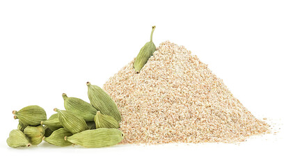 Cardamom ground pods and pile of ground cardamom isolated on a white background. Cardamomum...