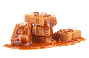 Salted caramel candies with caramel topping isolated on a white background. Golden Butterscotch...