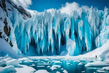 Poster Icy blue glaciers cascading down the sides of a mountain, creating a breathtaking display of nature's frozen grandeur. © Sidra
