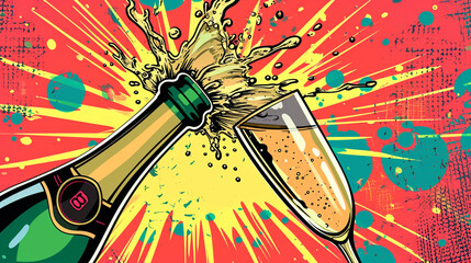 Wow pop art. Champagne. Vector colorful background in pop art retro comic style. - obrazy, fototapety, plakaty