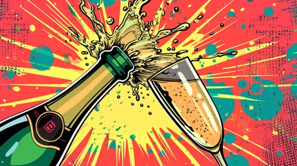 Tuinposter Wow pop art. Champagne. Vector colorful background in pop art retro comic style. © Furkan