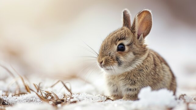  a close up of a small rabbit in a field of grass with snow on the ground and grass in the foreground, with a blurry background of grass and snow on the ground.