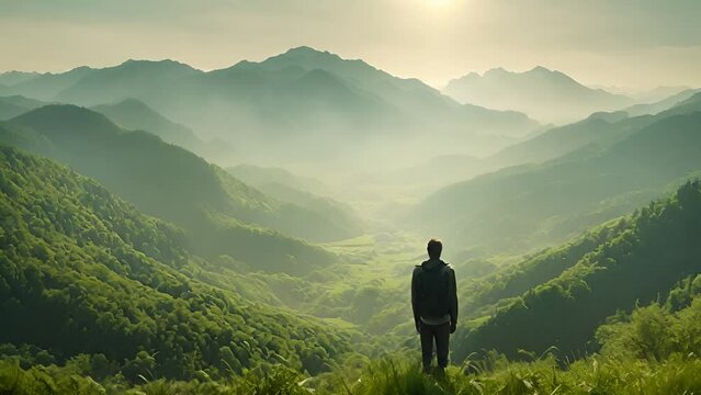 The silhouette of a lone traveler stands overlooking the lush green mountains