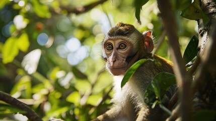  a close up of a monkey in a tree looking at something with a surprised look on it's face and a blurry background of green leaves and blue sky.