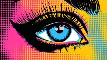 Wow pop art. Close-up female eye with make-up. Vector colorful background in pop art retro comic style.