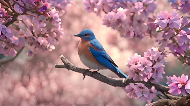 Eastern bluebird on pink sakura tree in spring