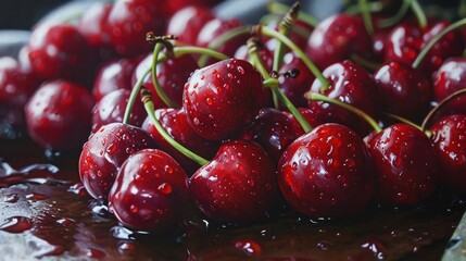  a pile of red cherries sitting on top of a table covered in drops of water on top of a cutting board with a knife next to the cherries.