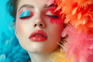 Fashion model woman face with fantasy art make-up. Bold makeup, glance Fashion art portrait, incorporating neon colors. Advertising design for cosmetics, beauty salon. content.