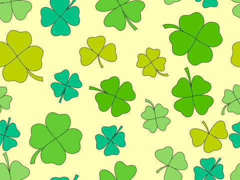 Clover seamless pattern for St. Patrick's Day. Green four-leaf and three-leaf clovers for good luck. Background for greeting card, wrapping paper, promotional materials. Vector illustration