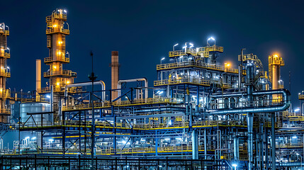 Fotografia de longa exposição capturando as estruturas iluminadas de uma fábrica química à noite enfatizando a natureza contínua das operações industriais