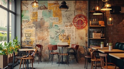 3d wallpaper Vintage hand drawn coffee shop background wall Decors - obrazy, fototapety, plakaty