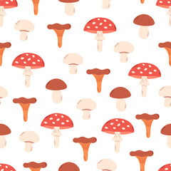 Mushrooms seamless pattern. Design for fabric, textile, wrapping paper. Hand drawn vector illustration