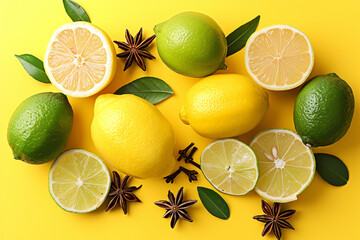 Top view of fresh lemons, limes and star anise on yellow background