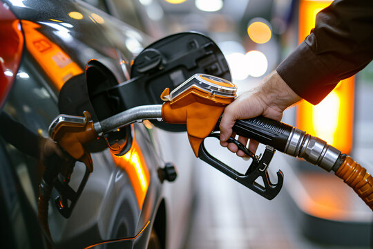 Person putting gasoline in his vehicle, car fuel generated with generative AI technology.