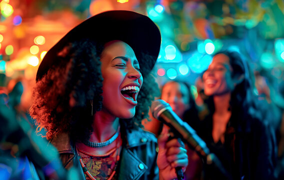 Woman Singing Into Microphone in Front of Crowd, Energetic Performance at karaoke