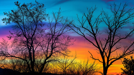 Silhouettes of trees against a colorful sunset sky, capturing the transition from day to night