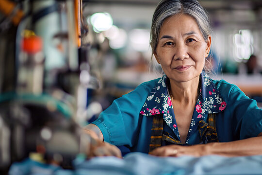 Older asian Woman Sitting at Factory Table, Observing Production Process