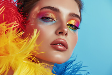 Naklejka premium Fashion model woman face with fantasy art make-up. Bold makeup, glance Fashion art portrait, incorporating neon colors. Advertising design for cosmetics, beauty salon. content.