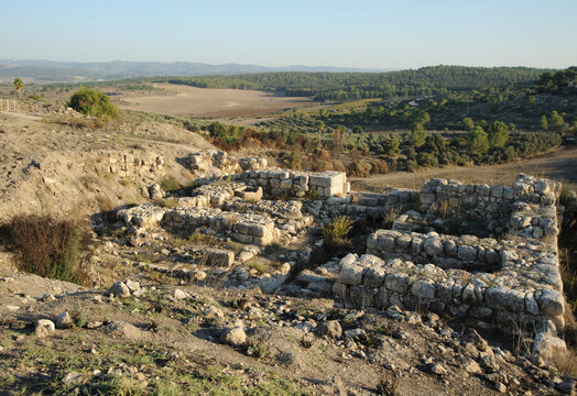 Solomonic Gate, Iron Age city gate at Tel Gezer with panoramic view of the foothills of the Judean Mountains. Israel.
