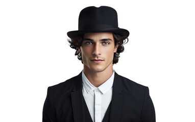 Portrait of man wearing a black Bowler hat isolated on white background.