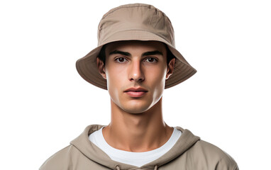 Portrait of man wearing a Bucket hat isolated on white background.