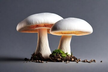 On a neutral gray background, the mushroom glows in a subtle neon white