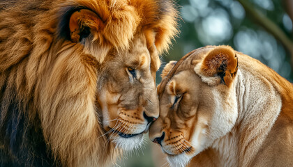 Majestic African lion couple loving pride.	Predator´s love. 