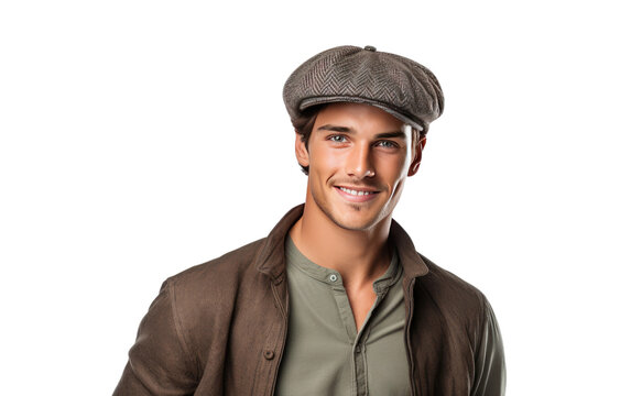 Portrait of man wearing a Newsboy cap isolated on white background.