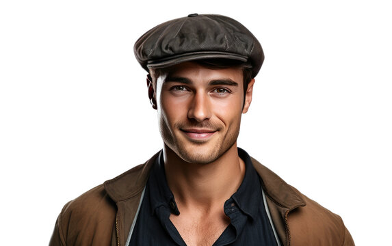 Portrait of man wearing a Newsboy cap isolated on white background.