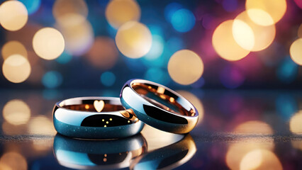 Gold wedding rings with golden bokeh background. Banner for design with copy space.Generative AI