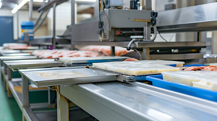 Uma linha de processamento de alimentos moderna com maquinaria automatizada demonstrando a eficiência e precisão envolvidas na produção em massa de alimentos embalados - obrazy, fototapety, plakaty